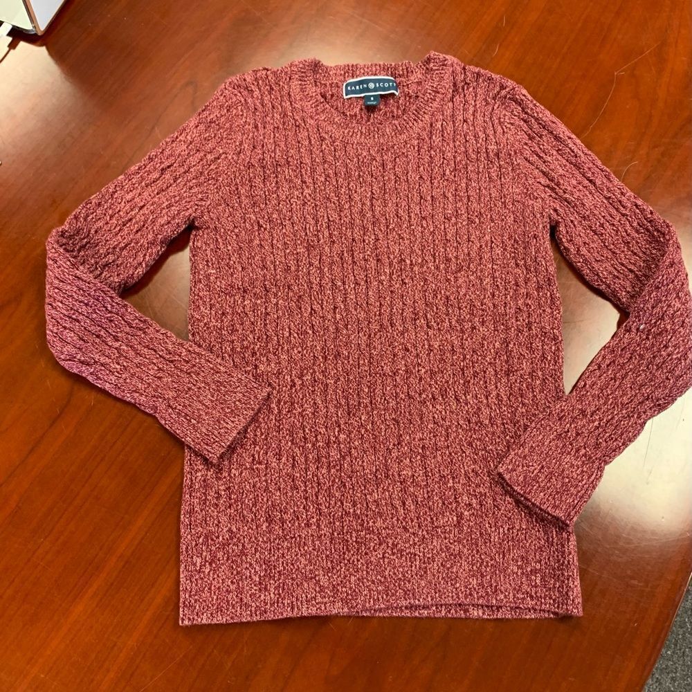 Karen Scott Burgundy & Pink Fisherman Knit Sweater sz S EUC